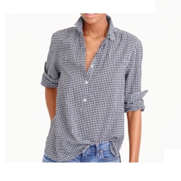 J. Crew Tops - J. CREW Gathered Popover Shirt Microgingham Black